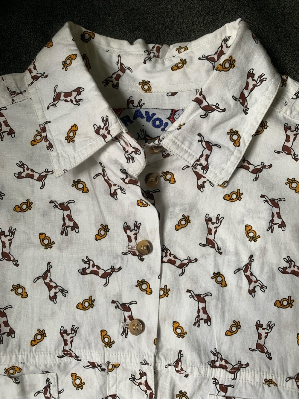 BRAVO! White Cotton Button-Up with Brown Dog & Yellow Motif